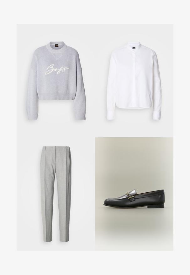 Lys grå cropped sweater med ribbet tekstur, brede ærmer og en strikket rund halsudskæring. Har den hvide "Boss" logo på forsiden.; Hvid skjorte med krave, front placket, lange ærmer og knapmanchetter. Lavet af glat bomuldsstof med en struktureret pasform.; Lysegrå, plisserede bukser med en skræddersyet pasform. Har et tekstureret stof, sidelommer og et klassisk design med lige ben.; Sort læderloafer med sølv øverste, gyldent kædedetalje, lav hæl og rundet tå på neutral baggrund.