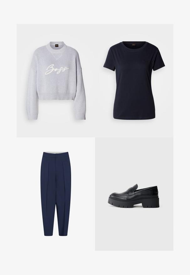 Lichtgrijze cropped trui met ribbeltextuur, brede mouwen en een gebreide ronde hals. Bevat een witte "Boss" logo op de voorkant.; Navyblauwe T-shirt met korte mouwen, gemaakt van katoen, met een ronde hals en een klein geborduurd logo op de borst. Soepele textuur.; Navyblauwe op maat gemaakte broek met voorplooien, rechte pijpen en een mid-rise tailleband met een verborgen sluiting.; Zwarte chunky platform loafers met een soepel leren bovenwerk, decoratieve band en dikke gestructureerde zool op een witte achtergrond.