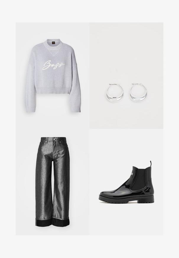 Lys grå cropped sweater med ribbet tekstur, brede ærmer og en strikket rund halsudskæring. Har den hvide "Boss" logo på forsiden.; Breddebenede jeans i metallisk mørkegrå denim med en glat tekstur. Har en sort denimmanchet og standard knap-og-lynlås lukning med bæltestropper.; HUGO TABITA - Gummistøvler - black; Sølv hoops øreringe med en poleret overflade og DKNY branding, præsenteret mod en simpel hvid baggrund.
