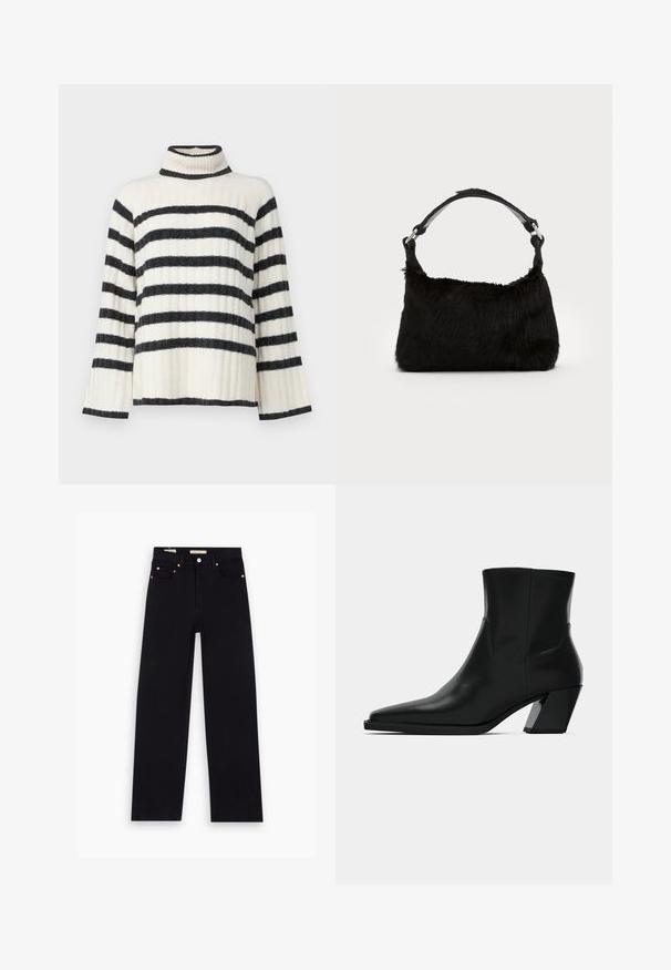 Pull de cou haut à rayures en crème et noir, avec une texture côtelée, des manches larges et un col haut. Rayures horizontales sur le corps.; Jean en denim noir avec une coupe droite, cinq poches, matériel en cuivre et texture lisse. Deux étiquettes visibles sur la taille.; Bottine en cuir noir avec un bout pointu, une silhouette élégante et un talon carré massif. Texture lisse avec des détails de couture minimalistes.; Sac à main en fausse fourrure noire avec une texture douce, une forme arrondie et une bandoulière en cuir noir robuste. Accent en métal argenté visible.