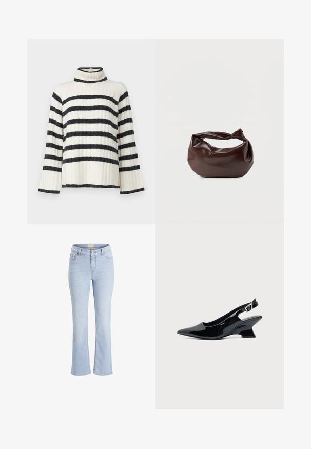 Gestreepte coltrui in creme en zwart, met een geribbelde textuur, brede mouwen en een hoge kraag. Horizontale strepen over het lichaam.; Lichtblauwe flared jeans van denim met een hoge taille, vijf zakken en een ritsgulp. Bevat een subtiele wassing en gestikte details op de naden.; Zwarte lakleren slingback schoen met spitse neus en lage schuine blokhak op een effen lichte achtergrond.; Donkerbruine leren schoudertas met een zachte, slungelige vorm en een gedraaide knoopvormige handgreep op een effen witte achtergrond.