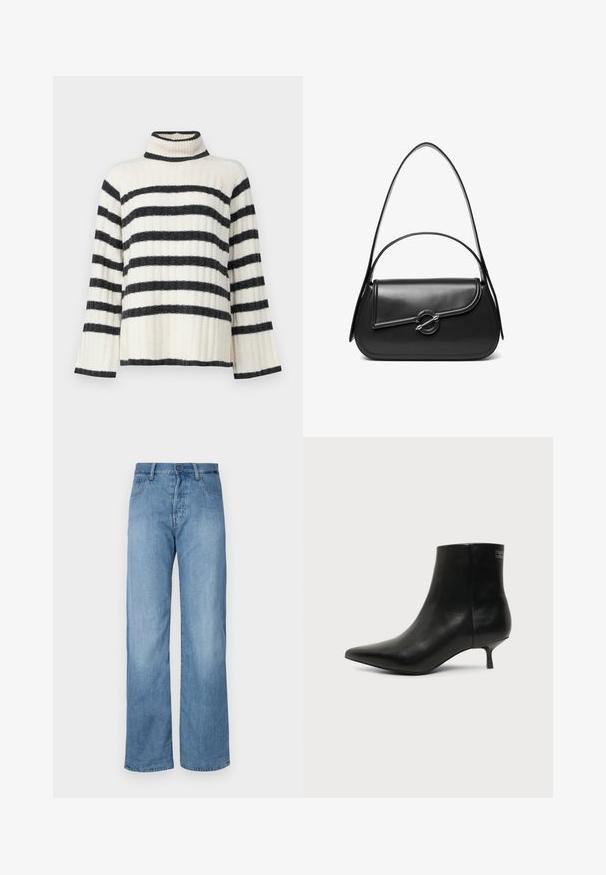 Pull de cou haut à rayures en crème et noir, avec une texture côtelée, des manches larges et un col haut. Rayures horizontales sur le corps.; Jeans en denim bleu clair à jambes larges avec un design classique à cinq poches, fermeture à bouton et détails de couture subtils le long des coutures.; Bottine en cuir noir avec bout pointu et petit talon kitten sur fond clair, vue côté extérieur.; Sac à bandoulière en cuir noir avec un rabat incurvé fermé par un fermoir métallique rond et une sangle fine et ajustable.