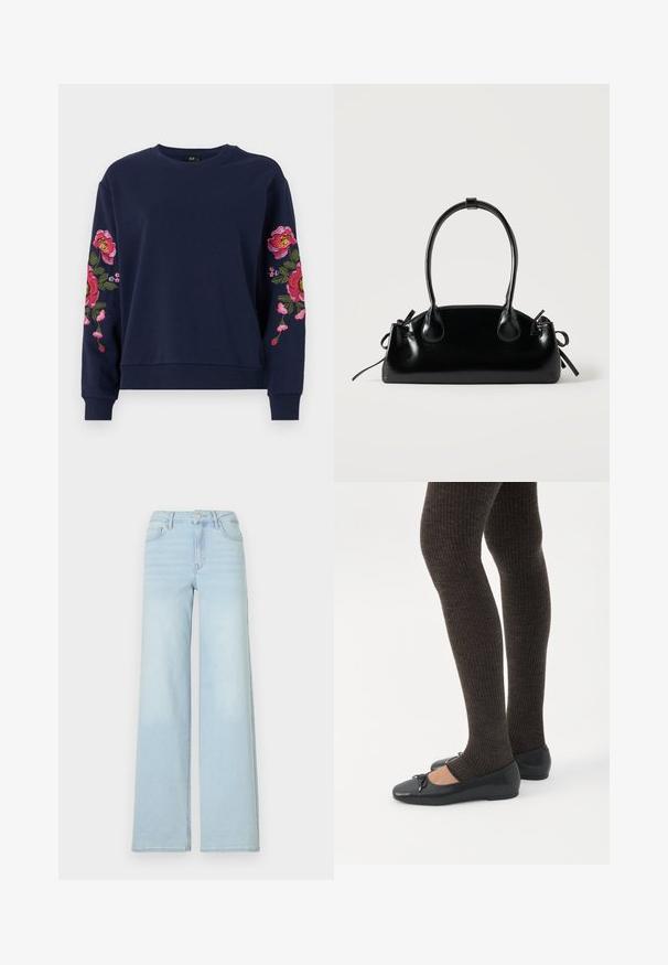 Sweatshirt bleu marine avec une vibrante broderie florale sur les deux manches. Fabriqué en tissu doux avec des poignets et un ourlet côtelés.; Jeans wide en denim bleu clair avec un design classique à cinq poches et une fermeture à bouton à l'avant. Présente une légère décoloration sur le devant.; Jambes portant des leggings côtelés foncés associés à des ballerines noires avec de petits détails en nœud sur fond blanc.; Petit sac à main noir brillant avec deux longues anses et des détails à cordon sur les côtés sur un fond clair uni.