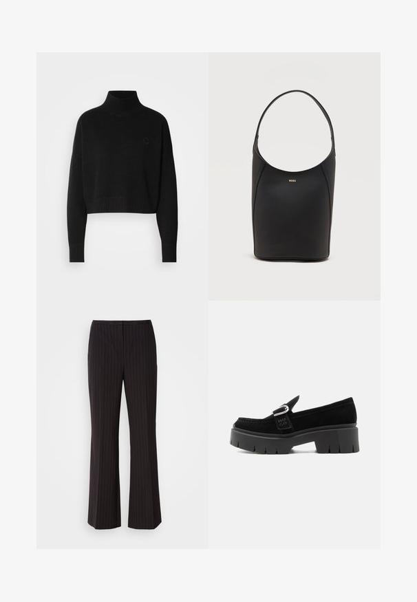 Sort cropped sweater, ribbede turtleneck, lange ærmer, strikket tekstur, med et lille logo på brystet.; Sorte stribede bukser med vid ben, lavet af et glat stof, prydet med en mellem-høj talje og et rent frontdesign. Ingen synlige lommer.; Sort ruskindslipper med kraftig sål, sølvspænde og præget "HUGO" på sidesnoren, vist fra ydersiden.; Sort læder bucket taske med én skulderrem og lille guldfarvet BOSS-logo centreret tæt på toppen foran.