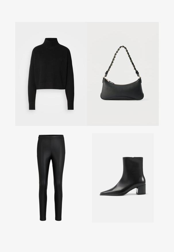 Sort cropped sweater, ribbede turtleneck, lange ærmer, strikket tekstur, med et lille logo på brystet.; Sorte faux læder leggings med slim fit, høj talje, glat tekstur og ankellængde design, der har minimalistiske syninger.; Sort læder ankelstøvle med spidse tæer, glat tekstur og mellemhøj blokhæl. Minimalistisk design, lynlås lukning bagpå.; Sort skuldertaske i læder med en buet rektangulær form, gyldent kæde vævet ind i en flettet sort rem og toplynlås.