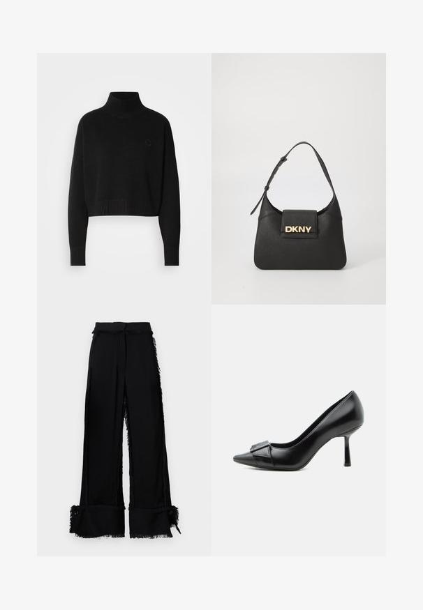 Sort cropped sweater, ribbede turtleneck, lange ærmer, strikket tekstur, med et lille logo på brystet.; Sorte bukser med bred benvidde, fransede kanter, struktureret overflade, sideslids og dekorative knapper ved kanten. Skræddersyet talje.; Sort læder højhælet sko med spids tå og dekorativ spænde foran, set fra siden på hvid baggrund.; Sort læder skuldertaske med en struktureret form, der har et guld "DKNY" logo på forsiden og en kort, justerbar rem.