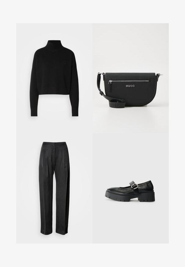 Zwarte cropped sweater, geribbelde turtleneck, lange mouwen, gebreide textuur, met een klein logo op de borst.; Zwarte broek met wijde pijpen van gladde stof, voorzien van plooien aan de voorkant, een ritssluiting en een klassieke tailleband.; Zwarte leren Mary Jane schoenen met een chunky plateauzool, ronde neus en zijgespsluiting. Glad uiterlijk met minimale stiksels.; Zwarte leren schoudertas met een ronde vorm, zilveren ritszak en een merkembleem. Beschikt over een verstelbare schouderband voor veelzijdigheid.