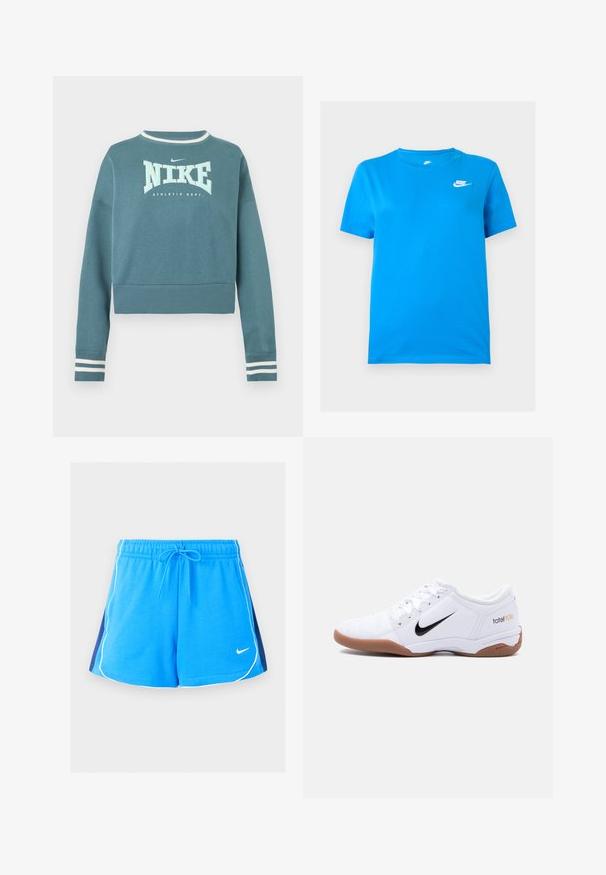 Teal long-sleeve cropped sweatshirt with white Nike logo, "ATHLETIC DEPT." text, and white-striped cuffs and neckline.; Blue short-sleeve Nike T-shirt with crew neck and white Nike logo on the upper left chest against a plain background.; Blue athletic shorts with white piping along edges, navy blue side panels, elastic waistband, drawstring tie, and a small white Nike logo on front.; White Nike Total 90 III indoor soccer shoe with black swoosh logo and gum sole, shown from the side on a plain background.