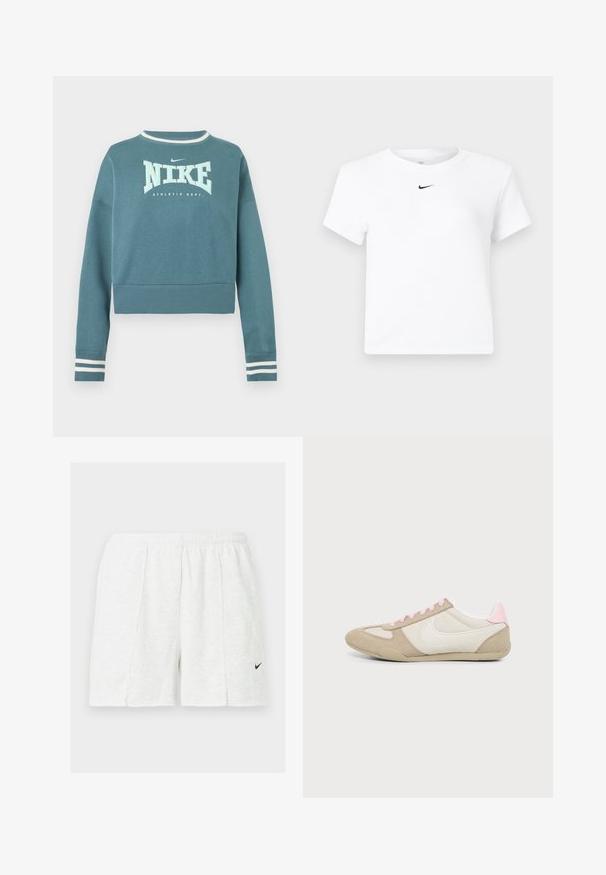 Teal long-sleeve cropped sweatshirt with white Nike logo, "ATHLETIC DEPT." text, and white-striped cuffs and neckline.; White short-sleeve Nike cropped T-shirt with a small black Nike swoosh logo centered below the neckline.; White athletic shorts with elastic waistband and black Nike swoosh logo on the left leg, displayed on plain background.; Beige and white sneaker with pink laces and heel detail, featuring a white Nike swoosh logo on the side, shown from the inside.