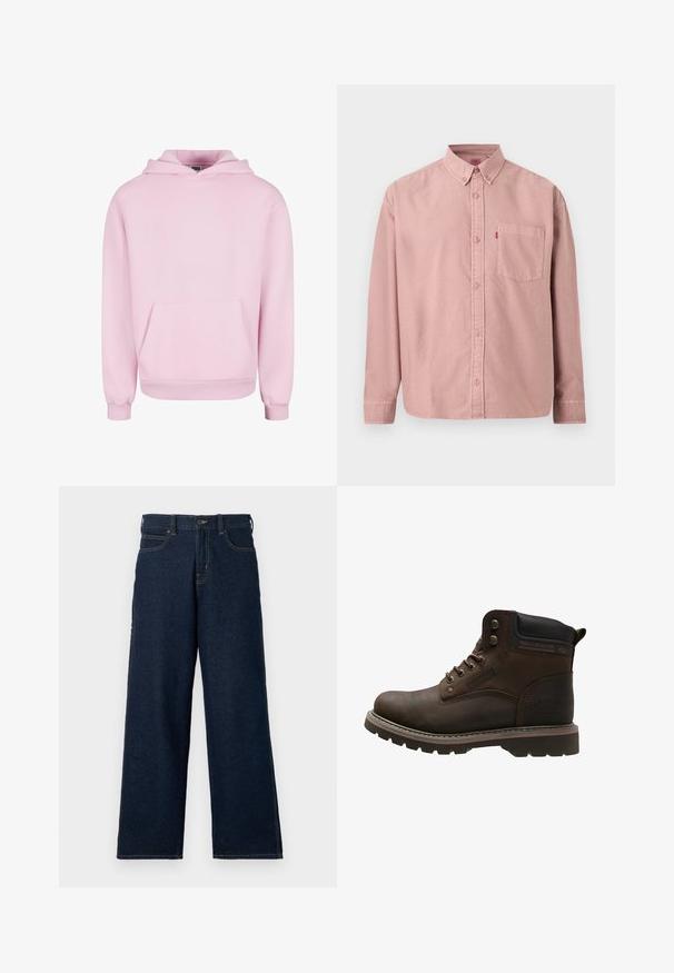 Lyserød hættetrøje lavet af blødt stof. Har en frontlomme, snor til hætten og ribbede manchetter for en tætsiddende pasform. Enkel design.; Langærmet, lyserød skjorte med knapper, en lomme foran og knaplukket krave, vist mod en ensfarvet baggrund.; Mørkeblå vidde bukser lavet af denim med høj talje, bæltestropper, forlommer og kontrasterende syningsdetaljer.; Brune læder ankelstøvle med en rå sål, rund tå, metaløjer og en polstret krave. Har branding på siden.