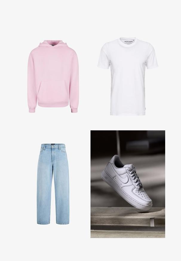 Lyserød hættetrøje lavet af blødt stof. Har en frontlomme, snor til hætten og ribbede manchetter for en tætsiddende pasform. Enkel design.; Hvid t-shirt med korte ærmer lavet af bomuld, med en rund hals og et enkelt design. Brandtag synlig på halsområdet. Ingen mønstre eller accenter.; Lyseblå jeans med høj talje og vide ben, med forlommer, bæltestropper og lukning med knap og lynlås.; Hvid læder Nike Air Force 1 sneaker med perforeret tå, flade snørebånd og tekstureret gummisål med "AIR" branding på siden.