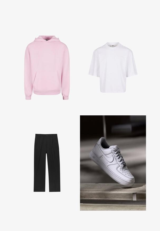 Lyserød hættetrøje lavet af blødt stof. Har en frontlomme, snor til hætten og ribbede manchetter for en tætsiddende pasform. Enkel design.; Hvid t-shirt med korte ærmer, der har en rund halsudskæring og en afslappet pasform, lavet af et glat bomuldsblandingsstof. Ingen mønstre eller udsmykninger.; Sorte bukser med lige ben, lavet af et glat stof. Har frontfolder og en enkelt knaplukning i taljen.; Hvid læder Nike Air Force 1 sneaker med perforeret tå, flade snørebånd og tekstureret gummisål med "AIR" branding på siden.