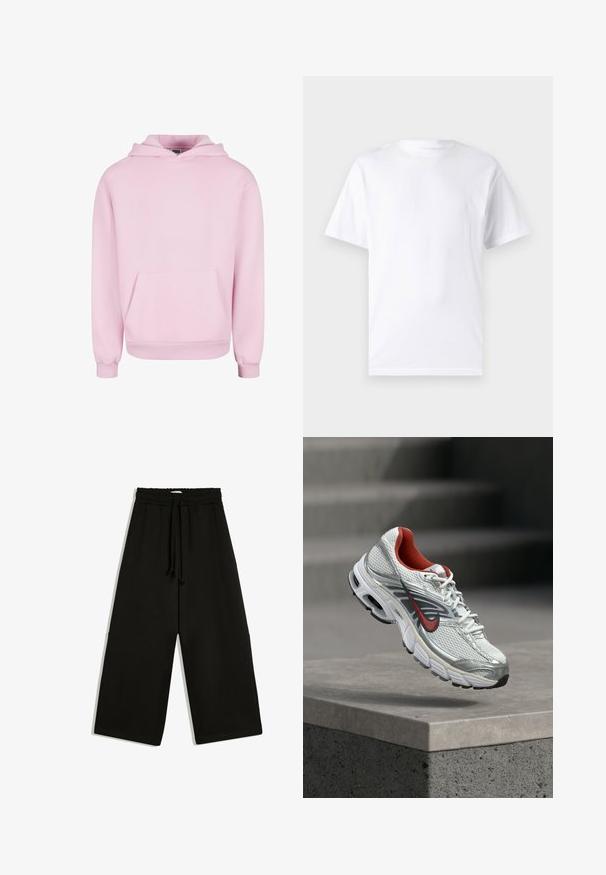 Lyserød hættetrøje lavet af blødt stof. Har en frontlomme, snor til hætten og ribbede manchetter for en tætsiddende pasform. Enkel design.; Hvid kortærmet t-shirt lavet af bomuld med rund hals, der har en glat tekstur og et simpelt design uden mønstre eller accenter.; Sorte vidde bukser med elastisk talje og snor, med løs pasform og sidelommer.; Hvid og sølv Nike løbesko med røde accenter, der svæver over en betonkant og viser dens side- og såldetaljer.