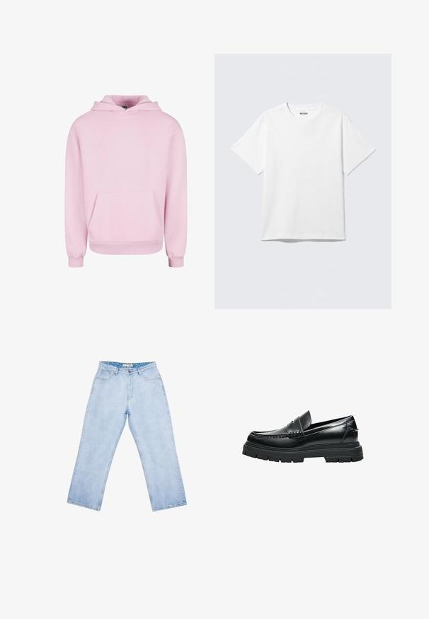 Lyserød hættetrøje lavet af blødt stof. Har en frontlomme, snor til hætten og ribbede manchetter for en tætsiddende pasform. Enkel design.; Hvid kortærmet crewneck T-shirt lagt fladt ud, ensfarvet design, med "WEEKDAY" mærkat inde i kraven på en lys baggrund.; Lyseblå jeans med høj talje og lige ben, forlommer, bæltestropper, knaplukning og en mærket inderlabel ved linningen.; Sort læder-loafer med tyk rillede sål og penny remdetaljer, vist fra siden på hvid baggrund.