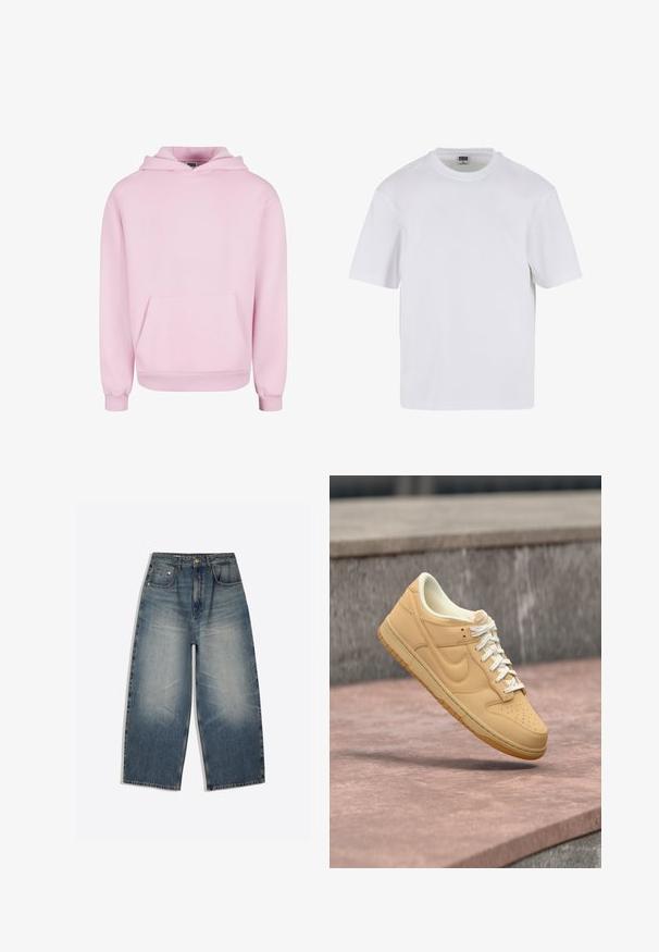Lyserød hættetrøje lavet af blødt stof. Har en frontlomme, snor til hætten og ribbede manchetter for en tætsiddende pasform. Enkel design.; Hvid kortærmet t-shirt lavet af bomuld. Har en rund halsudskæring og en afslappet pasform. Glat tekstur, minimalistisk design, ingen mønstre eller accenter.; Bredbenede blå denimjeans med falmet front, design med fem lommer, bæltestropper og knappelukning lagt fladt på en hvid baggrund.; Tan Nike lavtop-sneaker med hvide snørebånd og gummisål, der svæver over en stens overflade og en betonbaggrund.
