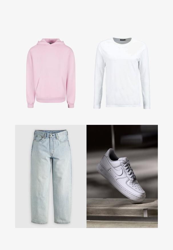 Lyserød hættetrøje lavet af blødt stof. Har en frontlomme, snor til hætten og ribbede manchetter for en tætsiddende pasform. Enkel design.; Hvid langærmet t-shirt lavet af bomuld, med rund hals og en glat tekstur. Ingen mønstre eller detaljer. Enkel design.; Lysblå denimjeans med lige ben, fem lommer og knap-fly lukning; har slidte områder og subtile syninger.; Hvid læder Nike Air Force 1 sneaker med perforeret tå, flade snørebånd og tekstureret gummisål med "AIR" branding på siden.