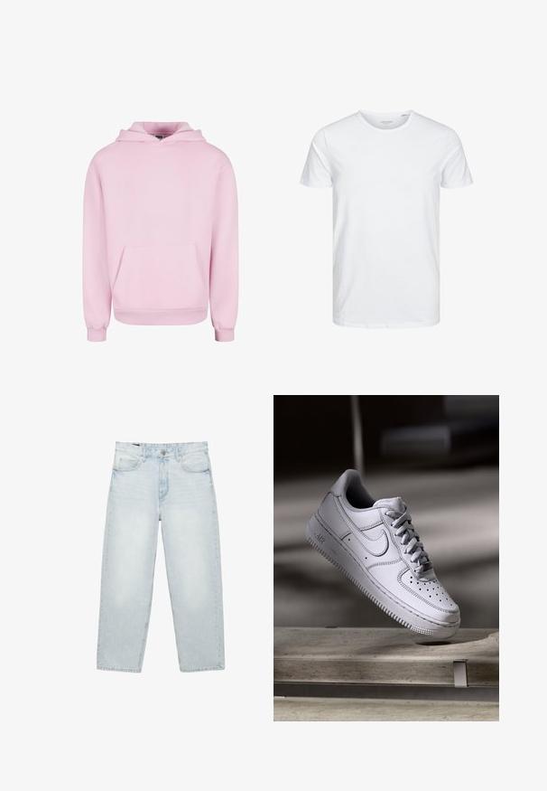Lyserød hættetrøje lavet af blødt stof. Har en frontlomme, snor til hætten og ribbede manchetter for en tætsiddende pasform. Enkel design.; Rundhals kortærmet t-shirt i ensfarvet hvid, lavet af blød bomuld, har et simpelt design uden synlige mønstre eller detaljer.; Lyseblå højtaljede jeans med lige ben, forrest med knap og lynlås, bæltestropper og design med fem lommer på hvid baggrund.; Hvid læder Nike Air Force 1 sneaker med perforeret tå, flade snørebånd og tekstureret gummisål med "AIR" branding på siden.