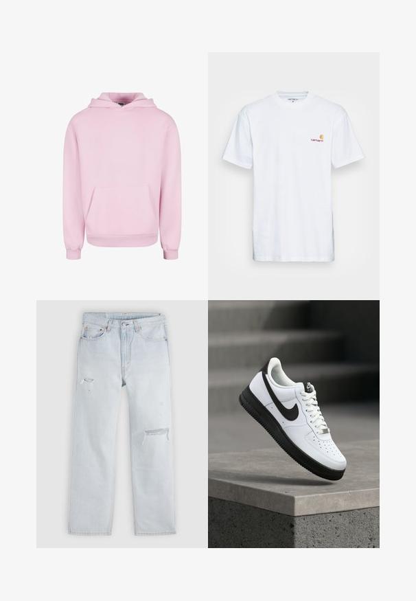 Lyserød hættetrøje lavet af blødt stof. Har en frontlomme, snor til hætten og ribbede manchetter for en tætsiddende pasform. Enkel design.; Hvid bomulds t-shirt med korte ærmer. Designet med et lille orange og maroon logo på venstre bryst. Har en klassisk rund hals.; Lyseblå denimjeans med lige snit, der har slidte detaljer og frynser. Standard fem-lomme-design med metalnit.; Hvid lædersneaker med sorte detaljer, rundet tå og perforerede detaljer. Sort gummisål med tekstureret mønster og snørelukning.