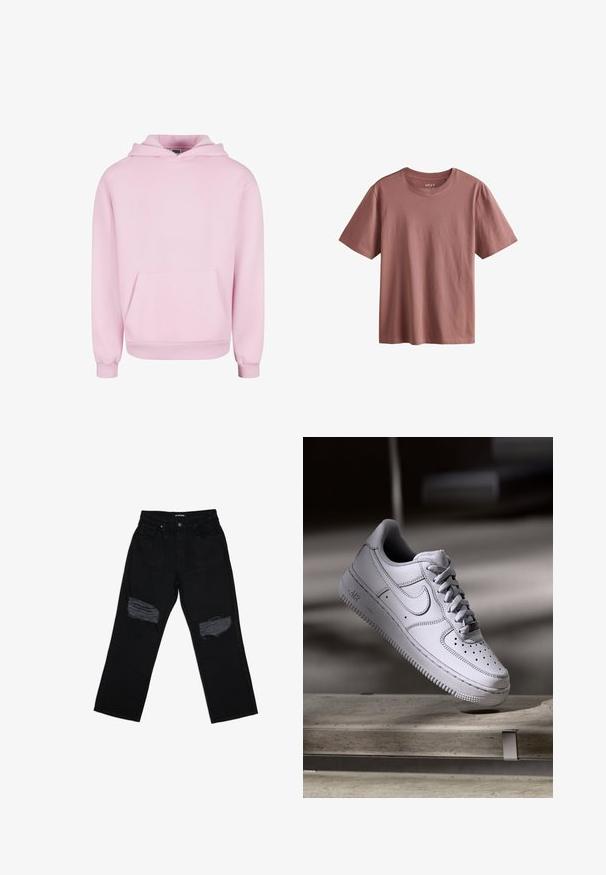Lyserød hættetrøje lavet af blødt stof. Har en frontlomme, snor til hætten og ribbede manchetter for en tætsiddende pasform. Enkel design.; Kortærmet t-shirt lavet af bomuld i en støvet rosa farve. Har en rund halsudskæring og en glat, ensartet tekstur uden mønstre.; Sorte denim jeans med afslappet pasform, med slidte huller på fronten ved knæområdet og en standard talje med knaplukning.; Hvid læder Nike Air Force 1 sneaker med perforeret tå, flade snørebånd og tekstureret gummisål med "AIR" branding på siden.