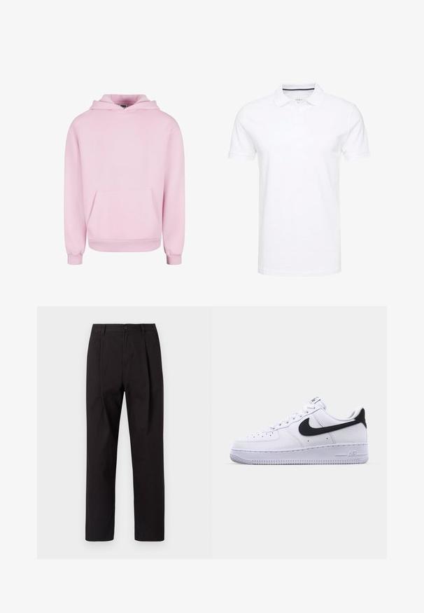 Lyserød hættetrøje lavet af blødt stof. Har en frontlomme, snor til hætten og ribbede manchetter for en tætsiddende pasform. Enkel design.; Hvid polo t-shirt lavet af bomuld, med en traditionel krave, korte ærmer og en tre-knap lukning med diskrete marineblå accenter på indersiden.; Jack & Jones Classic Wide Leg Fit - Chino - black; Hvide lædersneakers med en struktureret sort Swoosh, flade snørebånd og en gummisål med et rillemønster. "AIR" er præget på hælen.