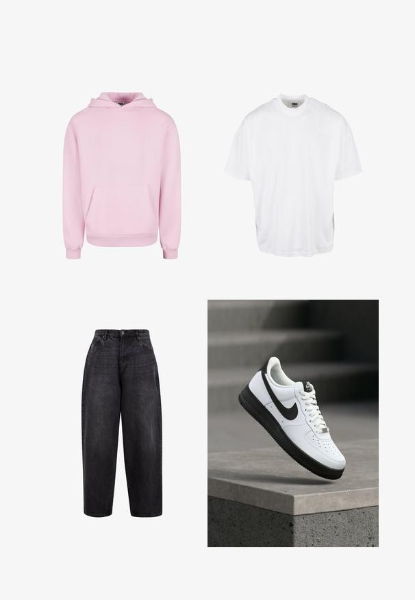 Lyserød hættetrøje lavet af blødt stof. Har en frontlomme, snor til hætten og ribbede manchetter for en tætsiddende pasform. Enkel design.; Hvid bomulds T-shirt med en afslappet pasform, korte ærmer og rund halsudskæring, med en lige kant og ingen synlige grafikker eller mønstre.; Sorte denim brede bukser med høj talje, der har en knaplukning, frontlommer og en let vaskefinish for et afslappet look.; Hvid lædersneaker med sorte detaljer, rundet tå og perforerede detaljer. Sort gummisål med tekstureret mønster og snørelukning.