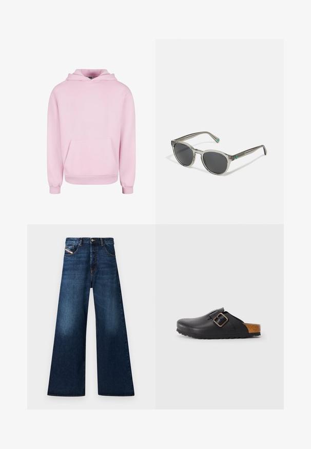 Lyserød hættetrøje lavet af blødt stof. Har en frontlomme, snor til hætten og ribbede manchetter for en tætsiddende pasform. Enkel design.; Bredde ben mørke denim jeans med høj talje. Har fem lommer, knaplukning og en falmet finish nær lårene.; Sorte lædertræsko med en tekstureret overflade, der har et enkelt justerbart rem med en guldspænde og en korkdetalje på hælen.; Gennemsigtige grå solbriller med mørke linser, rund ramme og grønne accenter på stængerne. Har en poleret overflade for en glat tekstur.