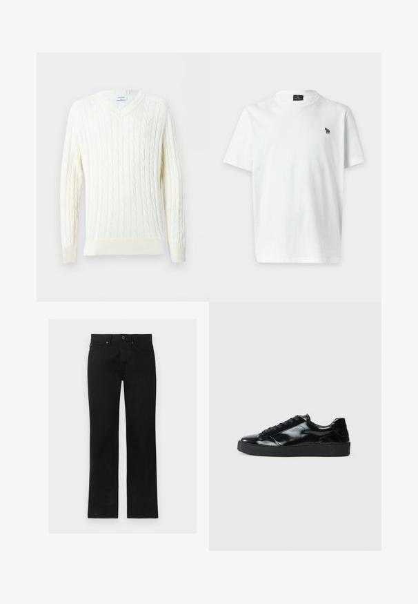 Jersey blanco de punto trenzado con cuello en V, mangas largas y puños y dobladillo acanalados.; Camiseta blanca lisa de manga corta con un pequeño logo de cebra multicolor en el pecho izquierdo y un escote redondo.; Vaqueros negros de corte recto con cierre de botón y cremallera, bolsillos delanteros y traseros, mostrados planos sobre un fondo blanco.; Zapatillas de charol negro con punta redonda, diseño con cordones, suela de goma texturizada y acabado suave.