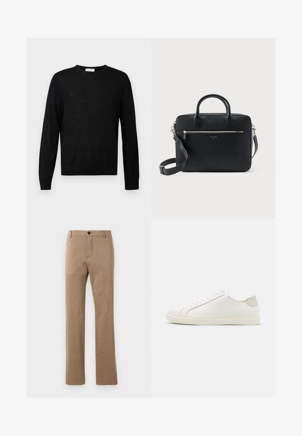 Black long-sleeve sweater made from soft fabric, features a round neckline, ribbed cuffs, and a straight hem. Minimalist design, no patterns.; Brown, tailored trousers made from a textured fabric with a straight leg cut, featuring a front button closure and side pockets.; White leather sneaker with a smooth surface, round toe, and minimalistic design. Features beige accents on the heel and a rubber sole.; Black textured rectangular leather briefcase with dual handles, front zip pocket, and adjustable shoulder strap displayed on white background.