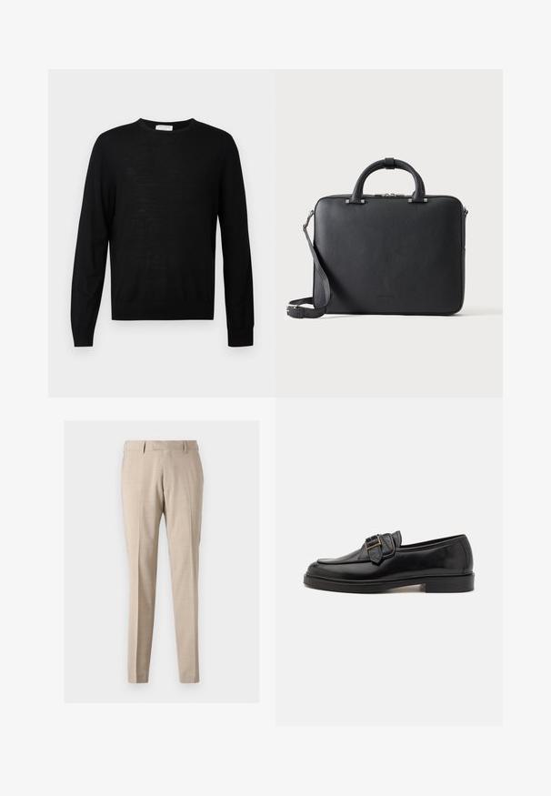Pull noir à manches longues en tissu doux, avec un col rond, des poignets côtelés et un ourlet droit. Design minimaliste, sans motifs.; Pantalons fuselés beiges en tissu léger, avec des plis avant, deux poches latérales et une texture lisse.; Mocassins en cuir noir avec un bout arrondi et une boucle décorative. Talon plat, solide et texture lisse sur l'ensemble.; Mallette en cuir noir texturé avec double poignée, bandoulière amovible et fermeture éclair supérieure sur un fond clair uni.
