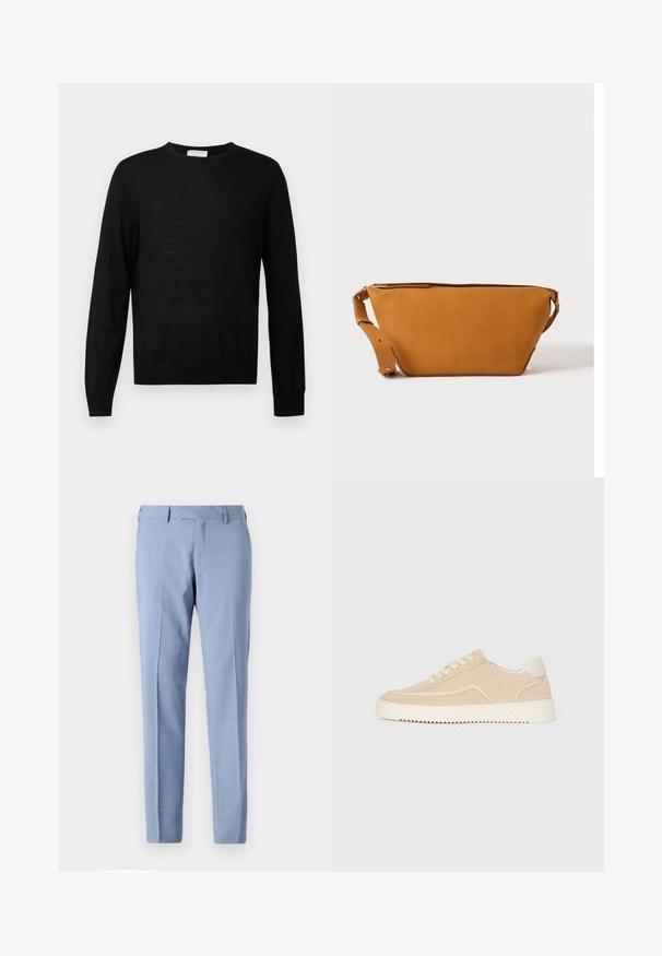 Pull noir à manches longues en tissu doux, avec un col rond, des poignets côtelés et un ourlet droit. Design minimaliste, sans motifs.; Pantalon habillé bleu clair ajusté avec devant plat, poches latérales, passants pour ceinture et coupe droite sur un fond uni.; Baskets en daim beige avec semelle et lacets blancs, design basse, et motif de semelle en zigzag.; Sac bandoulière en cuir marron clair avec sangle réglable et fermeture éclair, présenté sur un fond clair uni.