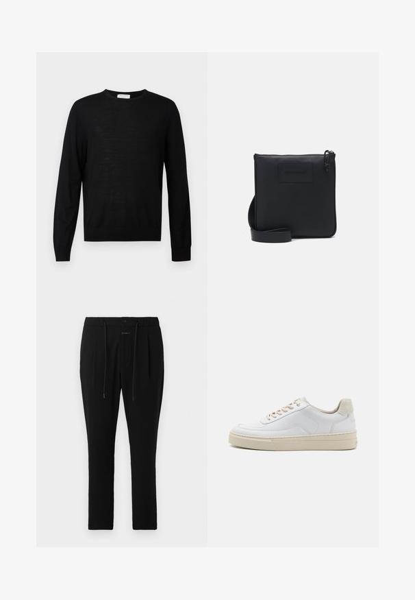 Pull noir à manches longues en tissu doux, avec un col rond, des poignets côtelés et un ourlet droit. Design minimaliste, sans motifs.; CLOSED VIGO TAPERED - Chino - dark night; Sneaker blanche avec un dessus en cuir lisse, des lacets beige et un onglet de talon en daim beige texturé. Semelle surélevée pour une hauteur supplémentaire.; Sac à bandoulière en cuir noir avec une finition texturée, de forme rectangulaire, fermeture zippée et bandoulière réglable. Présente un logo de marque discret sur le devant.