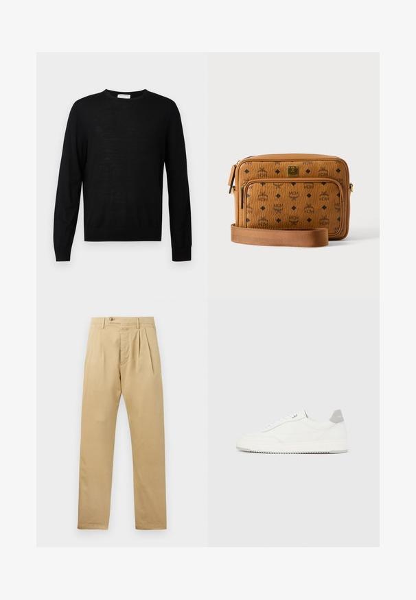 Pull noir à manches longues en tissu doux, avec un col rond, des poignets côtelés et un ourlet droit. Design minimaliste, sans motifs.; CLOSED BERGEN TAPERED - Chino - beige; Baskets basses blanches avec un onglet de talon gris, des lacets blancs et une semelle texturée, présentées sur un fond uni clair.; Sac bandoulière en cuir fauve avec logos MCM noirs, poche avant zippée, plaque dorée et sangle en tissu réglable sur fond blanc.