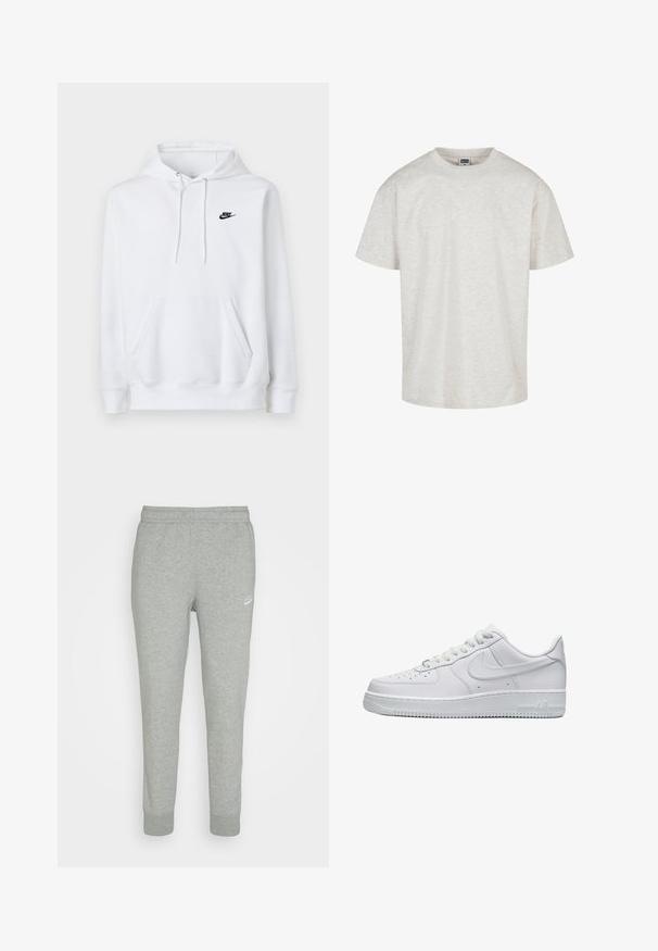 Weißes Kapuzen-Sweatshirt mit Kängurutasche vorne, Kordelzug an der Kapuze und kleinem schwarzen Nike-Logo auf der linken Brust.; Helles graues Baumwoll-T-Shirt mit kurzen Ärmeln, einem Rundhalsausschnitt und einer lässigen Passform. Texturiertes Gewebe mit einem dezenten melierten Muster.; Graue Sweatpants aus weichem Stoff, mit schmal zulaufendem Bein, elastischem Bund und kleinem weißen Nike-Logo am linken Oberschenkel.; Ganz in Weiß gehaltener Low-Top Nike Air Force 1 Sneaker mit perforierter Zehenkappe, Schnürverschluss und geprägtem Nike-Swoosh an der Seite.