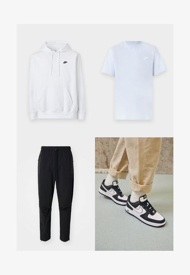 Hvid hættetrøje med frontlomme, snøre i hætten og lille sort Nike-logo på venstre bryst.; Lyseblå bomulds t-shirt med korte ærmer, rund hals og et hvidt Nike-logo trykt på venstre bryst. Glat tekstur, simpelt design.; Sort, lette udendørsbukser med elastisk talje og justerbar snoretræk. Har lynlåslommer og tapered manchetter.; Sorte og hvide Nike Air Force 1 sneakers med læderoverdel, perforeret tå og tekstureret såldetalje, båret med rullede beige bukser og hvide sokker.