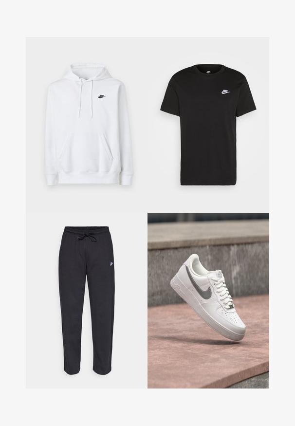 Sudadera blanca con capucha con bolsillo frontal tipo canguro, cordón en la capucha y pequeño logo negro de Nike en el pecho izquierdo.; Camiseta de algodón negra con mangas cortas, cuello redondo y un pequeño logo blanco de Nike en la parte superior del lado izquierdo del pecho. Textura suave. Corte clásico.; Pantalones de chándal negros hechos de una tela suave, con cintura elástica, cordón y un pequeño logo de Nike en el muslo izquierdo.; Zapatilla blanca Nike Air Force 1 con logo swoosh gris flotando sobre una superficie de piedra y un fondo de pared de piedra gris.