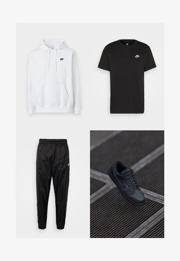 Sweat à capuche blanc avec poche kangourou devant, cordon de serrage et petit logo Nike noir sur la poitrine gauche.; T-shirt en coton noir à manches courtes, col rond, avec un petit logo Nike blanc sur la poitrine supérieure gauche. Texture lisse. Coupe classique.; Pantalons de survêtement noirs en matériau léger et brillant, avec une taille élastique, une coupe fuselée et des poches zippées. Présente un accent logo.; Baskets Nike en cuir noir avec un bout arrondi, un empeigne perforée et une semelle en caoutchouc texturée. Comprend des lacets et un branding subtil.