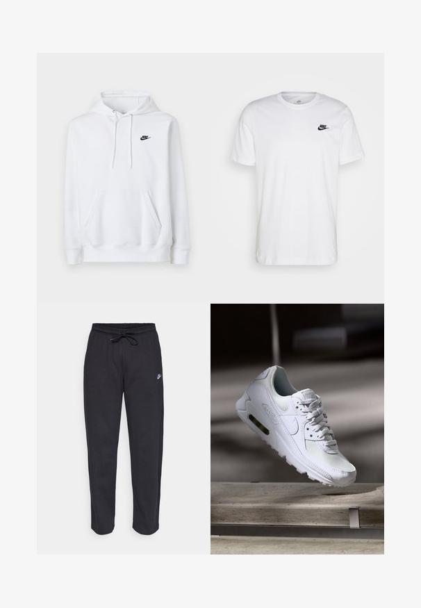 Sweat à capuche blanc avec poche kangourou devant, cordon de serrage et petit logo Nike noir sur la poitrine gauche.; T-shirt en coton blanc avec col rond, manches courtes et logo Nike noir sur la poitrine gauche. Design simple, couleur unie.; Pantalons de survêtement noirs en tissu doux, avec une taille élastique, un cordon de serrage et un petit logo Nike sur la cuisse gauche.; Sneaker Nike Air Max 90 blanche avec une tige en mesh et cuir, une boîte à orteils perforée et une unité air visible au talon.