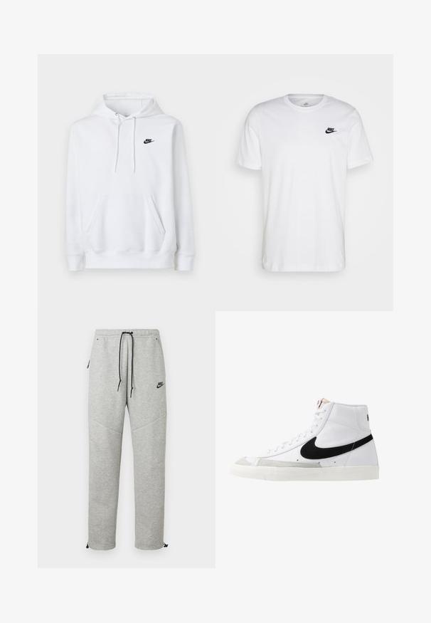 Sudadera blanca con capucha con bolsillo frontal tipo canguro, cordón en la capucha y pequeño logo negro de Nike en el pecho izquierdo.; Camiseta de algodón blanca con cuello redondo, mangas cortas y un logo negro de Nike en el lado izquierdo del pecho. Diseño simple en un color sólido.; Pantalones de chándal Nike grises con cintura ajustable por cordón, bolsillos laterales y puños elásticos. Presentan una textura suave y un detalle del logo negro en contraste.; Zapatillas altas blancas con un swoosh negro, una puntera texturizada en gris y suela plana blanca. Presenta seis ojales y acentos cosidos.