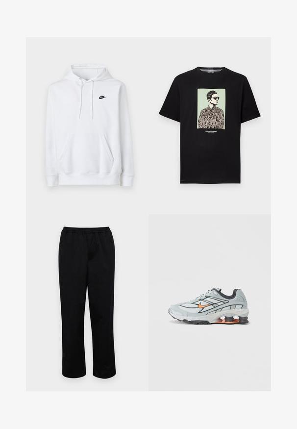 Witte hoodie met voorzak, trekkoord in de kap en klein zwart Nike-logo op de linkerborst.; Zwart T-shirt met een afbeelding van een man met een zonnebril en tekst die zijn shirt vormt, "Weekend Offender Admit Nothing" eronder.; Zwarte, halflange broeken met een elastische tailleband. Gemaakt van een soepel stof, met een ontspannen pasvorm en zonder zichtbare zakken of versieringen.; Lichtgrijze hardloopschoen met zwarte accenten, oranje logo, bovenwerk van mesh, gevoerde kraag en rubberen zool met zichtbare schokabsorberende elementen.