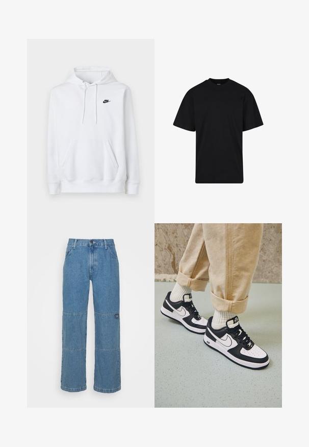 Witte hoodie met voorzak, trekkoord in de kap en klein zwart Nike-logo op de linkerborst.; Zwarte T-shirt met korte mouwen en ronde hals, een ontspannen pasvorm, eenvoudig ontwerp zonder zichtbare logo's of patronen.; Lichtblauwe denim jeans met een relaxed fit, voorzien van patchworkpanelen, bovenste knoopsluiting, vijf-pocket ontwerp en subtiele branding op het been.; Zwart-witte Nike Air Force 1 sneakers met een leren bovenwerk, geperforeerde neus en gestructureerde zooldetails, gedragen met opgerolde beige broek en witte sokken.