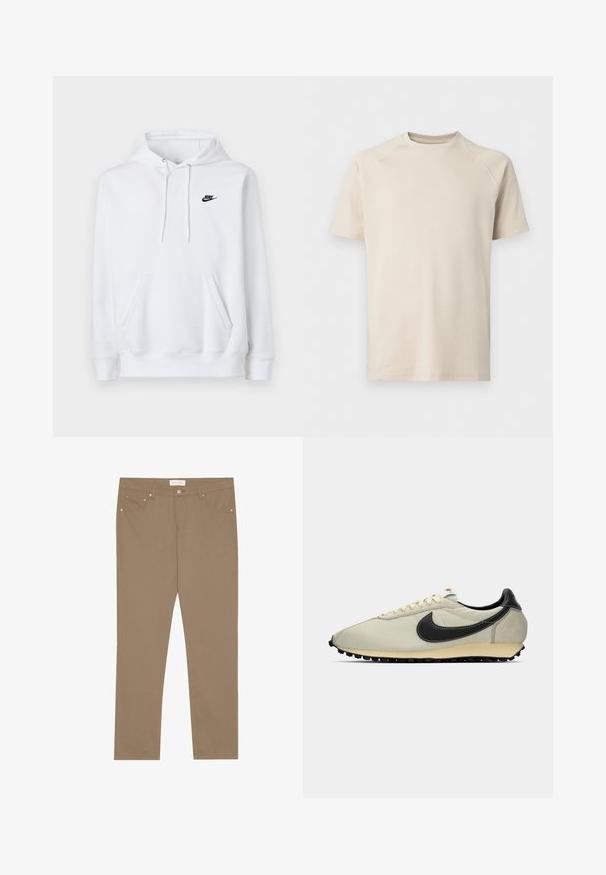 Witte hoodie met voorzak, trekkoord in de kap en klein zwart Nike-logo op de linkerborst.; Beige T-shirt met korte mouwen en ronde hals met raglanmouwen, effen en van gladde stof.; Lichte katoenen stretchbroek met een recht model, vijf zakken en metalen hardwareaccenten. Gladde textuur en klassieke stikseldetails.; Beige canvas sneaker met zwarte leren accenten, ronde teen, platte zwarte buitenzool en witte veters. Beschikt over een opvallend zwart logo.