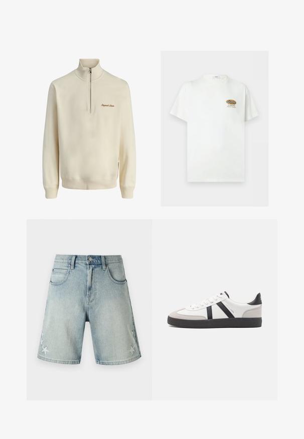 Kremfarvet langærmet pullover med kvart-lynlås foran og "Originals Studio" broderet i brun på venstre bryst.; Hvid T-shirt med korte ærmer med lille brunt og sort "Replay The Denim Goods Superior Standard" logo på venstre bryst.; Lyseblå denimshorts med forlommer, bæltestropper, knaplukning og hvid stjernebroderi på begge underben.; Hvide sneakers med sorte og grå detaljer, med en tekstureret grå tåhætte, sort gummisål og flade hvide snørebånd. Rent design, minimalistisk stil.