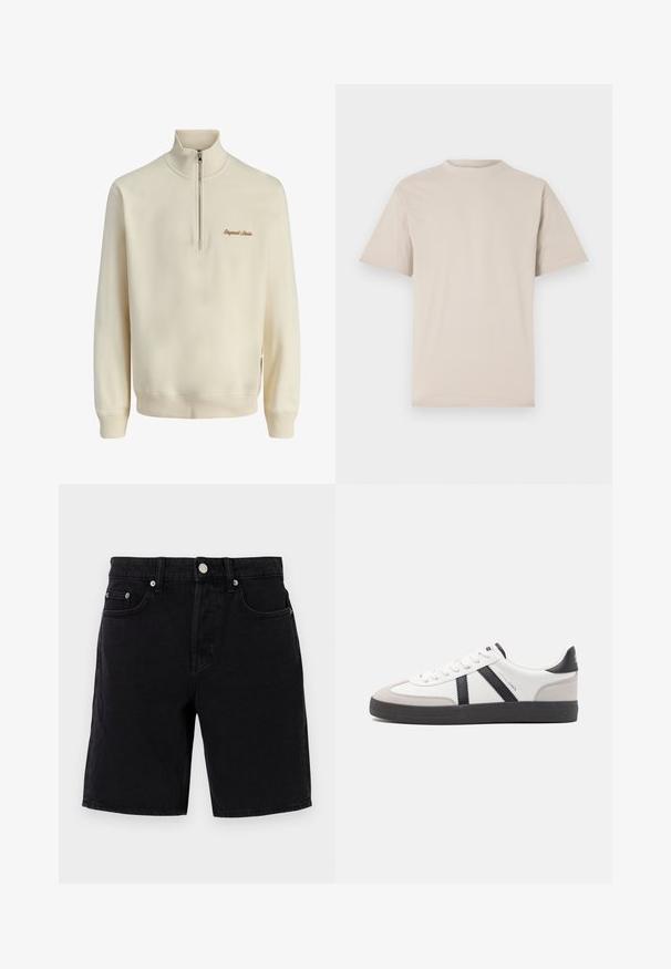 Sudadera de manga larga color crema con cremallera de cuarto en la parte frontal y "Originals Studio" bordado en marrón en el lado izquierdo del pecho.; Camiseta de manga corta beige, con cuello redondo, hecha de una suave tela de algodón, que presenta un corte relajado y sin patrones o adornos visibles.; Pantalones cortos de mezclilla negra con corte recto, que presentan un cierre de botón y cremallera, presillas para cinturón y bolsillos frontales. Textura suave, con un detalle mínimo.; Zapatilla blanca con acentos en negro y gris, que presenta una puntera texturizada en gris, suela de goma negra y cordones planos blancos. Diseño limpio, estilo minimalista.