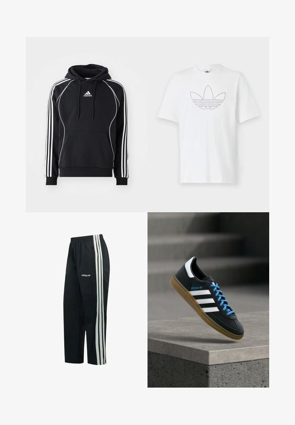 Zwarte Adidas hoodie met witte strepen op de mouwen, witte piping aan de voorkant, een voorvak en een capuchon met trektouw.; Witte katoen T-shirt met een gestippeld zwart omtreklijn van een trefoil-logo aan de voorkant. Korte mouwen en een ronde hals.; Zwarte Adidas trainingsbroek met drie witte strepen langs de zijkanten en een ritszak op de rechterdij.; Zwarte Adidas-sneaker met witte strepen, blauwe veters en een gumzool die boven een grijze betonnen trede zweeft in zacht licht.