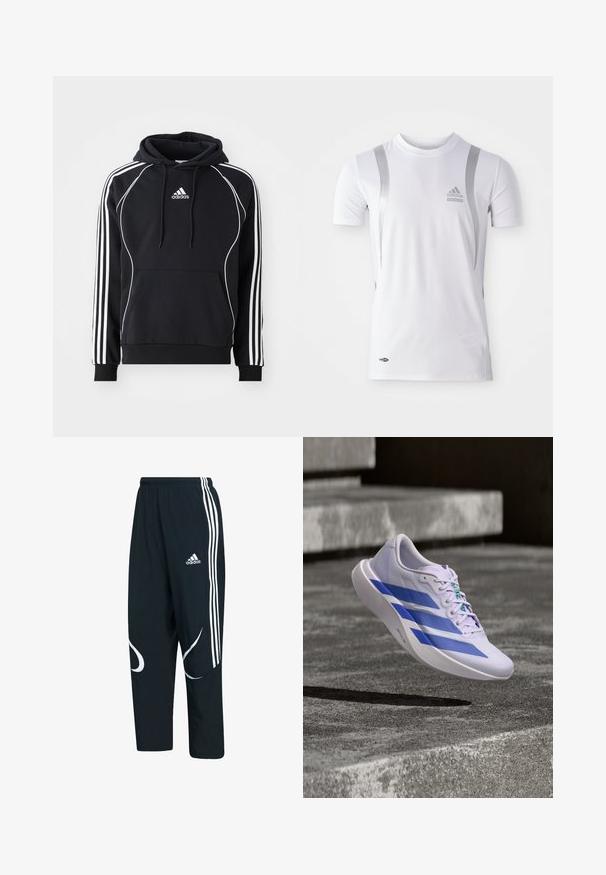 Sudadera negra de Adidas con rayas blancas en las mangas, ribete blanco en el frente, bolsillo tipo canguro en el delantero y capucha con cordones.; Camiseta atlética blanca de manga corta con detalles plateados, presenta un cuello redondo y un logo de Adidas en el pecho. Fabricada con tela que absorbe la humedad.; Pantalones de chándal negros con rayas blancas y logo, que presentan un corte holgado, cinturilla elástica y patrones curvados en blanco a los lados.; Zapatilla blanca de running con rayas azules suspendida sobre escalones de hormigón con sombra debajo.