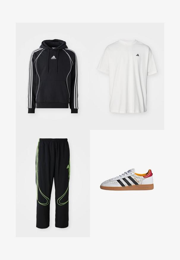 Schwarzer Adidas-Hoodie mit weißen Streifen an den Ärmeln, weißen Paspeln auf der Vorderseite, vorderer Kängurutasche und kapuze mit Kordelzug.; Weißes Baumwoll-T-Shirt mit kurzen Ärmeln, Rundhalsausschnitt und kleinem schwarzem Adidas-Logo auf der linken Brust. Weicher Stoff, lässige Passform.; Schwarze Adidas Sportpants mit neongrünen, gebogenen Linien und drei Streifen an den Seiten, elastischem Bund und Adidas-Logo am Vorderoberschenkel.; Weißer Adidas Spezial Sneaker mit schwarzen Streifen, Gummisohle, gestepptem Muster, rotem Fersenlaschen und gelber Innenausstattung, Seitenansicht.