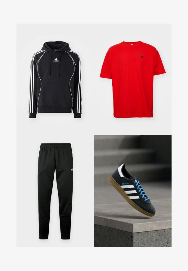 Schwarzer Adidas-Hoodie mit weißen Streifen an den Ärmeln, weißen Paspeln auf der Vorderseite, vorderer Kängurutasche und kapuze mit Kordelzug.; Rotes Baumwoll-T-Shirt mit kurzen Ärmeln und rundem Halsausschnitt. Mit kleinem schwarzem Logo auf der linken Brust und geradem Saum.; Schwarze Sporthose mit elastischem Bund, schmal zulaufenden Beinen und weißen Logoakzenten auf der Vorderseite. Glattes, leichtes Material.; Schwarzer Adidas-Sneaker mit weißen Streifen, blauen Schnürsenkeln und Gummisohle, der über einer grauen Betontreppe im weichen Licht schwebt.