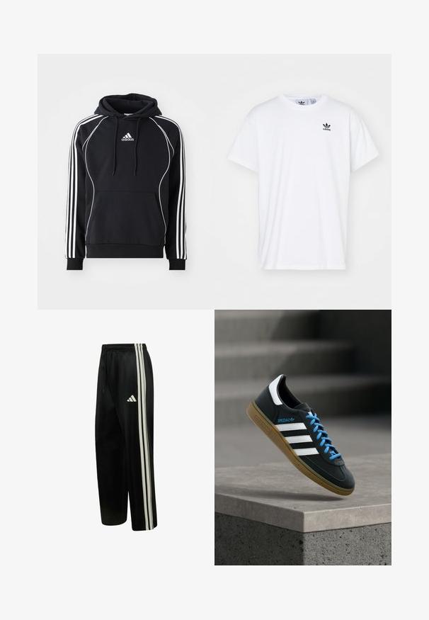 Sudadera negra de Adidas con rayas blancas en las mangas, ribete blanco en el frente, bolsillo tipo canguro en el delantero y capucha con cordones.; Camiseta blanca de algodón con mangas cortas, escote redondo y un logo negro de Adidas con tres franjas en la zona del lado izquierdo del pecho.; Pantalones deportivos negros de Adidas con tres franjas laterales blancas y logo, cintura elástica con cordón, corte recto.; Zapatilla negra Adidas con franjas blancas, cordones azules y suela de goma flotando sobre un escalón de hormigón gris con luz suave.