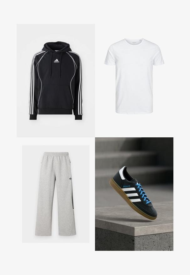 Musthave musta Adidas kapuutsiga, millel on valged triibud varrukatel, valge ääris ees, eesmine tasku ja reguleeritav kapuuts.; Ümmarguse kaelusega lühikeste varrukatega T-särk, mis on puhtast valgest pehmest puuvillast, omab lihtsat disaini ilma nähtavate mustrite või aktsentideta.; Heledast hallid laia lõikega dressipüksid elastse vöökoha ja musta Adidas trefoil logoga paremal reiel.; Must Adidas toss valgete triibu, siniste paelte ja kummist tallaga, hõljuv pehme valgusega halli betoonastme kohal.