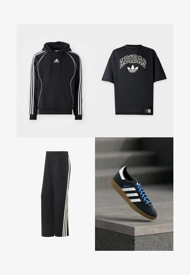 Schwarzer Adidas-Hoodie mit weißen Streifen an den Ärmeln, weißen Paspeln auf der Vorderseite, vorderer Kängurutasche und kapuze mit Kordelzug.; Schwarzes Adidas Sportshirt mit kurzen Ärmeln aus perforiertem Stoff, weißem Adidas-Schriftzug und Trefoil-Logo auf der Vorderseite sowie Markenetikett nahe dem Saum.; Schwarze Adidas Trainingshose mit elastischem Bund und drei weißen Streifen entlang der Außenseite jedes Beins.; Schwarzer Adidas-Sneaker mit weißen Streifen, blauen Schnürsenkeln und Gummisohle, der über einer grauen Betontreppe im weichen Licht schwebt.